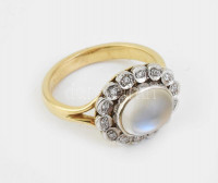 14k fehérarany (Au) koktél gyűrű 1,8ct holdkővel és 0,16ct gyémánttal 5,6g M: 52 tanúsítvánnyal