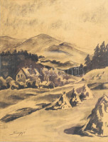 Olvashatatlan jelzéssel: Hegyvidéki táj. Szén, papír. Dekoratív, üvegezett fakeretben. 36x27,5 cm