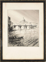 Olvashatatlan jelzéssel a dúcon: Ponte Sant'Angelo, Róma, háttérben a Szent Péter bazilika. Rézkarc, papír. Lap széle foltos. 32x26 cm. Dekoratív, jobb alsó sarkában sérült fakeretben.