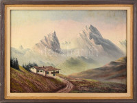 Olvashatatlan (Arlnik?) jelzéssel: Alpesi táj. Olaj, farost. Dekoratív fakeretben. 52x75 cm