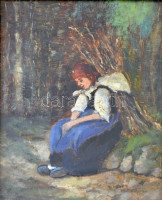Olvashatatlan jelzéssel, Munkácsy Mihály után: Rőzsehordó nő. Olaj, karton. Üvegezett, kissé sérült fakeretben. 29,5x23,5 cm