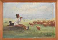Olvashatatlan jelzéssel, feltehetően a XX. sz. első felében működött erdélyi magyar festő: Pásztor kutyájával. Olaj, vászon. 34,5x50 cm. Fakeretben.
