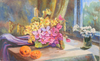 Olvashatatlan jelzéssel: Csendélet kilátással. Olaj, farost, kissé sérült. 37,5x61 cm