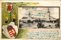 1907 Nagykőrös, városháza és református templom, magyar címer, Geszner Jenő kiadása. Art Nouveau, dombornyomott, Emb. litho. (fl)