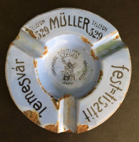 TEMESVÁR 1910. Müller Péter fest, tisztít, zománcozott, feliratozott reklám hamutartó!