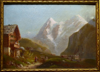 1900 körül OSZTRÁK FESTŐ : ALPESI TÁJ MENEDÉKHÁZZAL
