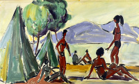 Vincze Győző (1925 - 2001) KEMPINGEZŐ LÁNYOK A BALATON PARTJÁN