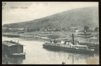 1912 Tokaj, Bodrog partja a 'Szatmár' csavaros vontató gőzhajóval, uszályokkal. régi képeslap