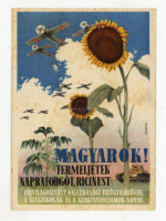 Harcigépeinknek olaj kell! Termeljünk napraforgót, ricinust! Második világháborús magyar katonai propaganda képeslap