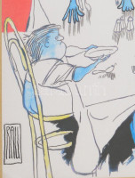 Rau Tibor (1934-2009): Vasárnapi ebéd (karikatúra). Akvarell, tus, papír, jelzett. Kissé laza paszpartuban. 29x20 cm
