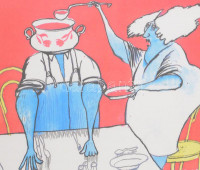 Rau Tibor (1934-2009): Vasárnapi ebéd (karikatúra). Akvarell, tus, papír, jelzett. Kissé laza paszpartuban. 29x20 cm