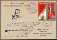 1981 Jurij Gagarin családtagjainak aláírásai jubileumi emlékborítékon: felesége, Valentyina (1935- ) és lányai:  Jelena (1959- ) és Galina (1961- ) Gagarina /1981 Signatures of the family of Yuriy Gagarin: his wife Valentina (1935- ) and