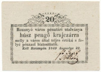 1849. Rozsnyó 20kr Rozsnyó város pénztári utalványa T:AU, pici festékhiány a Rozsnyó y-banHungary / Rozsnyó 1849. 20 Kreuzer Rozsnyó bánya város pénztári utalványa (Cashier's Coupon of Mine Town of Roznava) C:AU, tiny paint