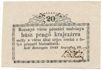 1849. Rozsnyó 20kr Rozsnyó város pénztári utalványa T:AUHungary / Rozsnyó 1849. 20 Kreuzer Rozsnyó bánya város pénztári utalványa (Cashier's Coupon of Mine Town of Roznava) C:AUAdamo ROZ-2.1