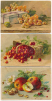 3 db RÉGI motívum képeslap: gyümölcsök, csendélet / 3 pre-1945 motive postcards: fruits, still life